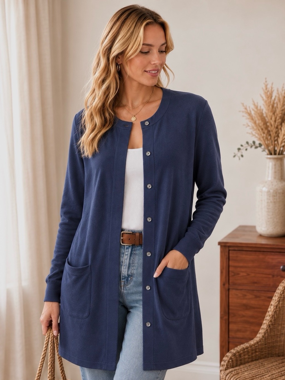 J. Jill Navy Wool Blend Long Cardigan Sweater Jacket Pockets Size Small